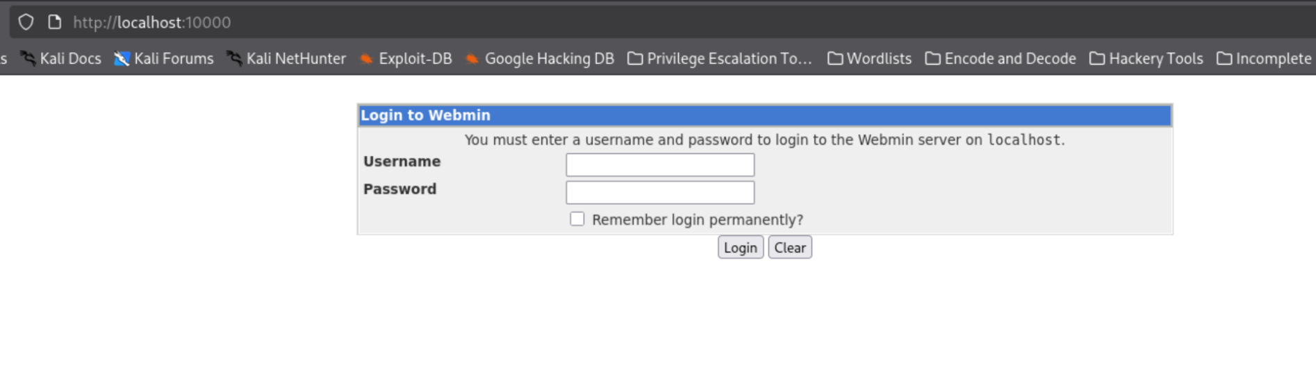 Webmin login page at localhost:10000 via the tunnel